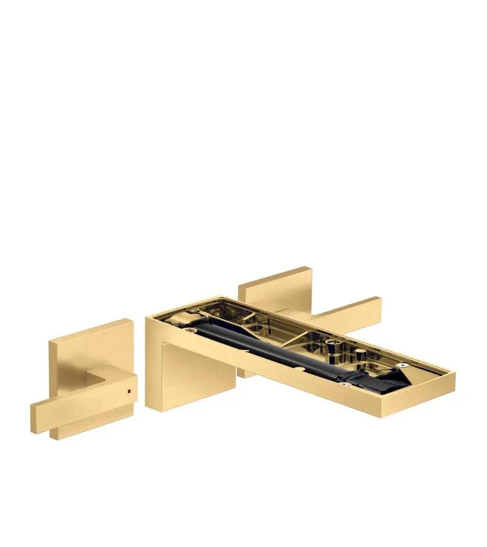 Waschtischarmatur von AXOR in Brushed Gold Optik, besteht aus einem Wandmontageset mit Auslauf und zwei Bedienelementen. Ideal für Unterputzinstallation.